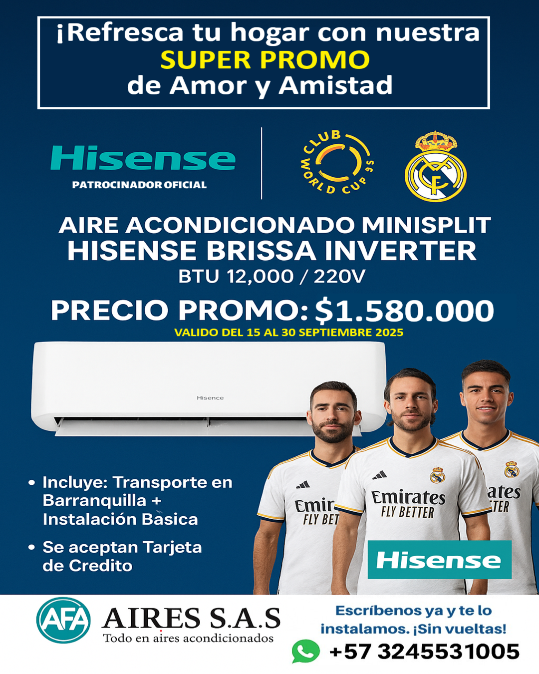 PROMOCIÓN: AIRE ACONDICIONADO MINISPLIT HISENSE BRISSA INVERTER, FRIO, BTU 12,000/220V